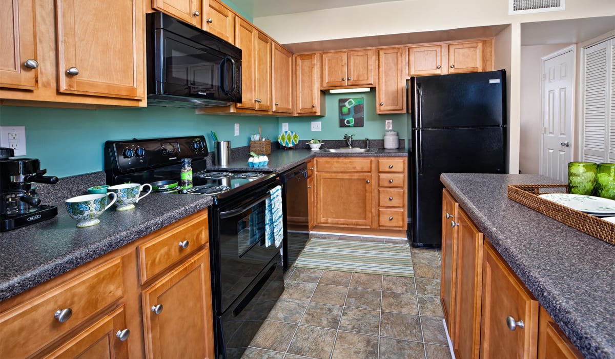 Fully equipped kitchen with sleek black appliances in a model home at James River Pointe in Richmond, Virginia