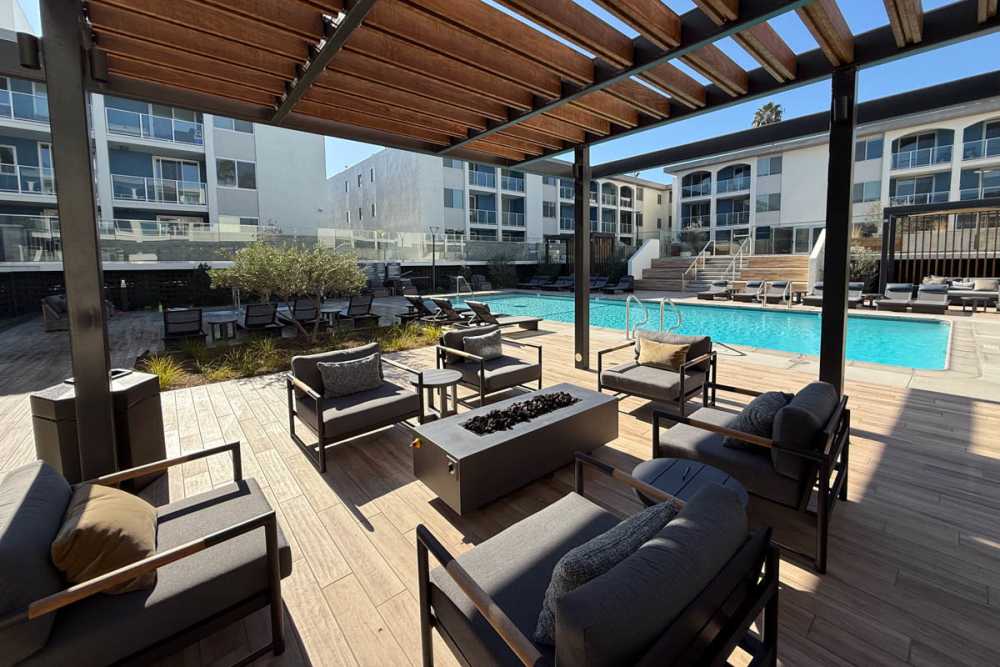 Luxury seating area surrounding a pool with chairs at Dolphin Marina Apartments in Marina Del Rey, California