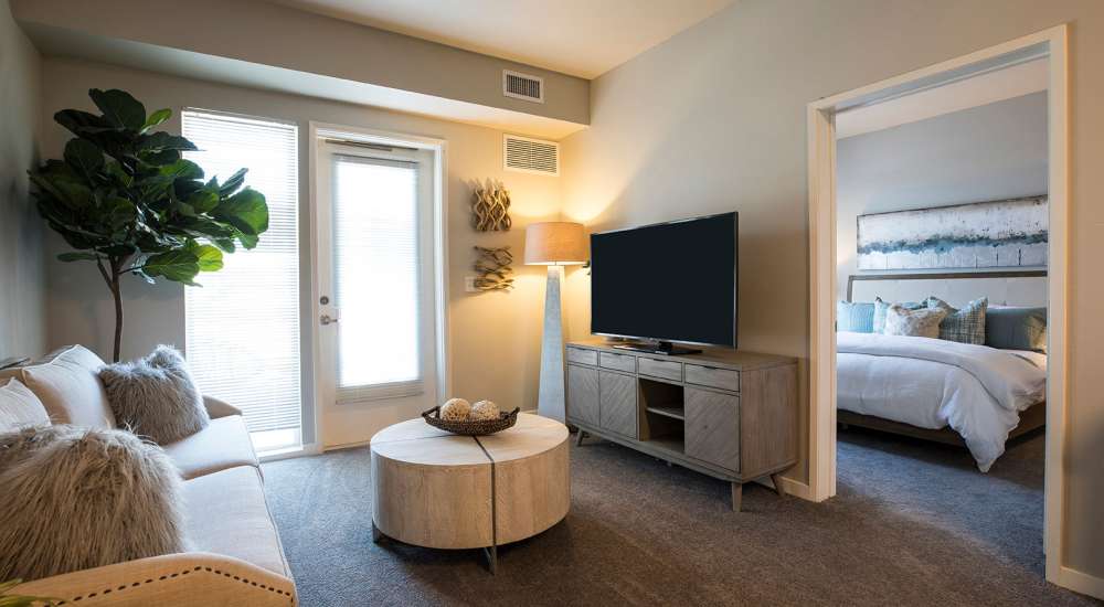 Living room with ambient lighting at Citrine Apartments in Healdsburg, California