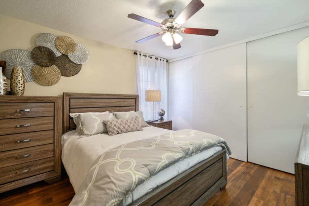 Model bedroom at The Manchester Apartments in Euless, Texas