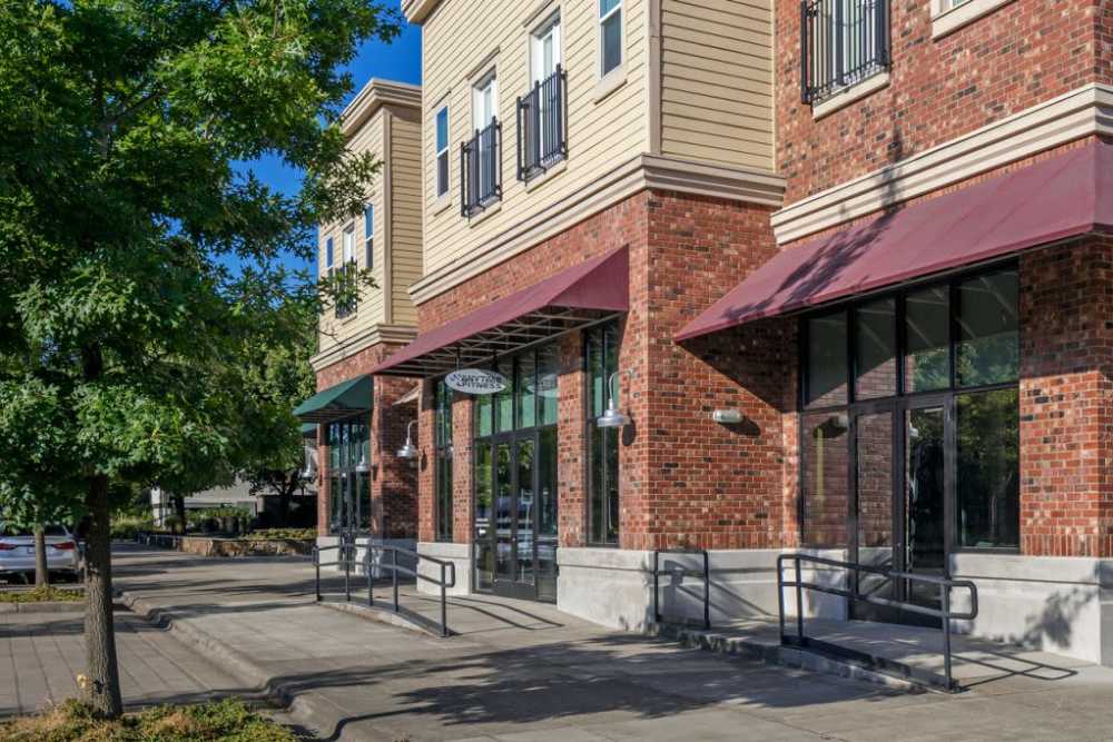 Front entrance of apartment at Bell Tower at Old Town Square in Wilsonville, Oregon