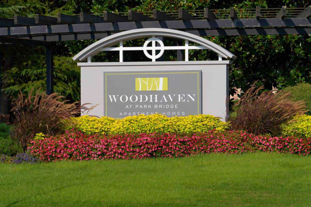 Beautifully landscaped landmark at Woodhaven at Park Bridge in Alpharetta, GeorgiaBeautifully landscaped landmark at Woodhaven at Park Bridge in Alpharetta, Georgia