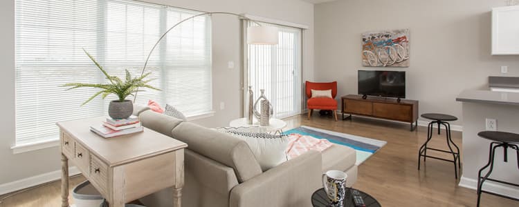Cozy living room at Woodland Acres Townhomes in Liverpool, NY
