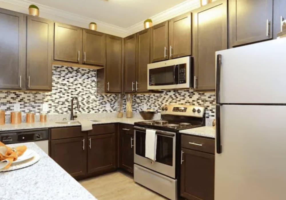 Stainless steel refrigerator and range at Arrington Ridge in Round Rock, Texas