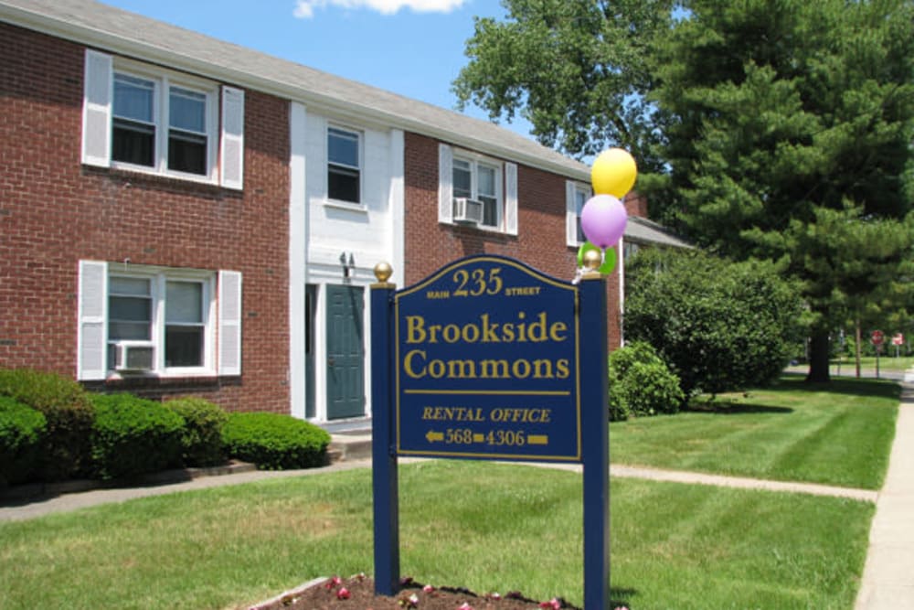 Exterior with sign at Brookside Commons in East Hartford, Connecticut