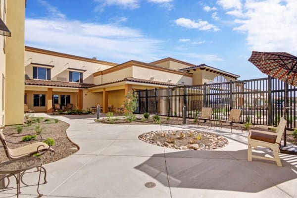 A back patio at The Oaks, A Merrill Gardens Community in Gilbert, Arizona.