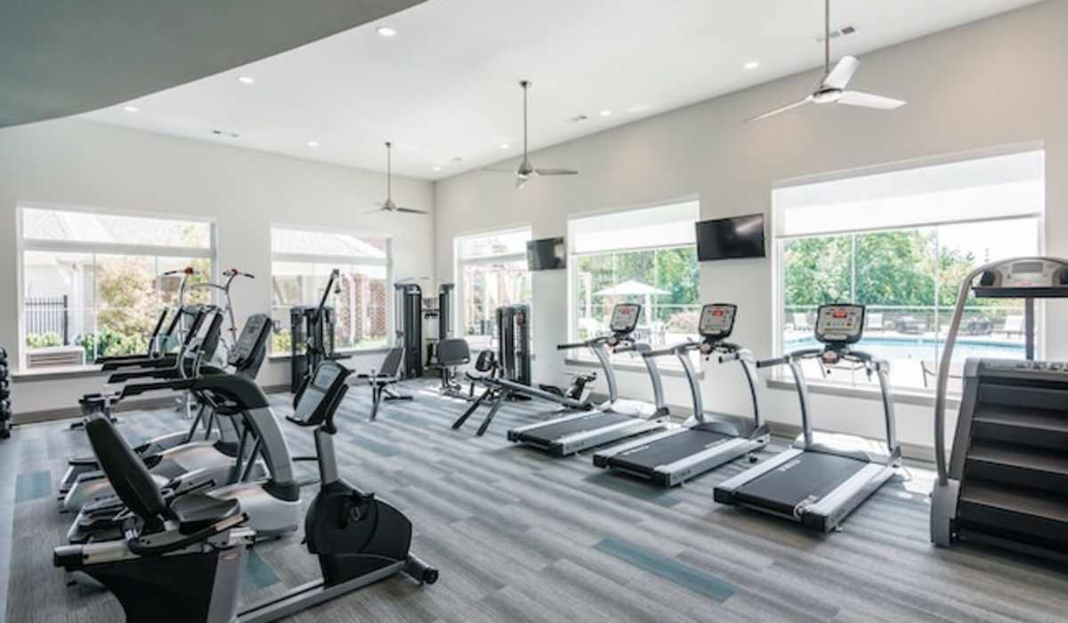 Fitness center with variety of cardio and weightlifting equipment at The Banks at West Fork in Murfreesboro, Tennessee