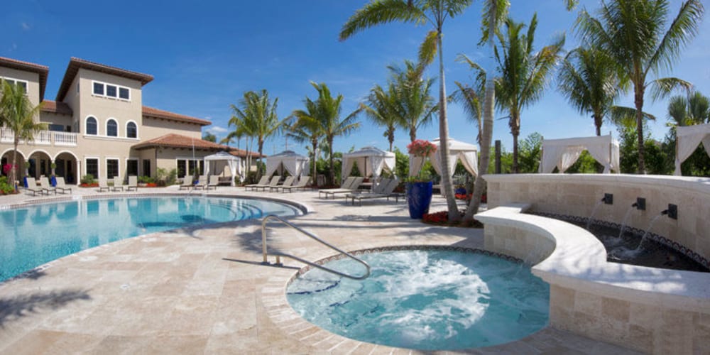 Resort-style swimming pool and spa at Doral View Apartments in Miami, Florida
