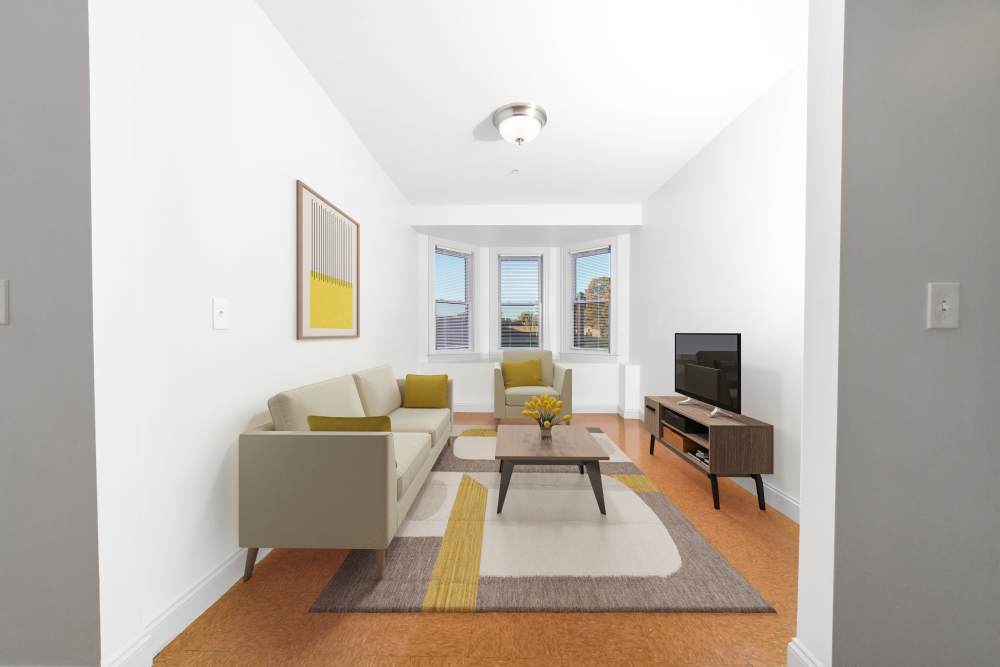 Modern living room at Memorial Square Apartments in Springfield, Massachusetts