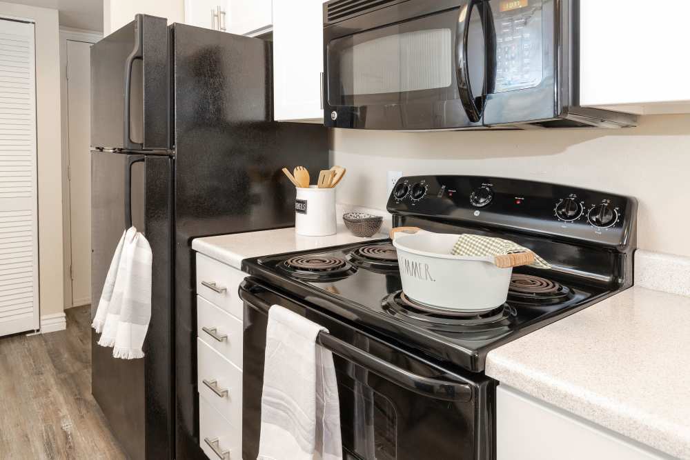 Kitchen with black appliances at Royal Ridge Apartments in Midvale, Utah