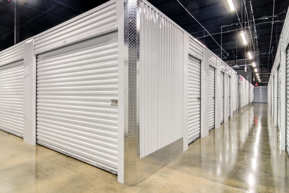 Clean well lit hallways at Metro Self Storage