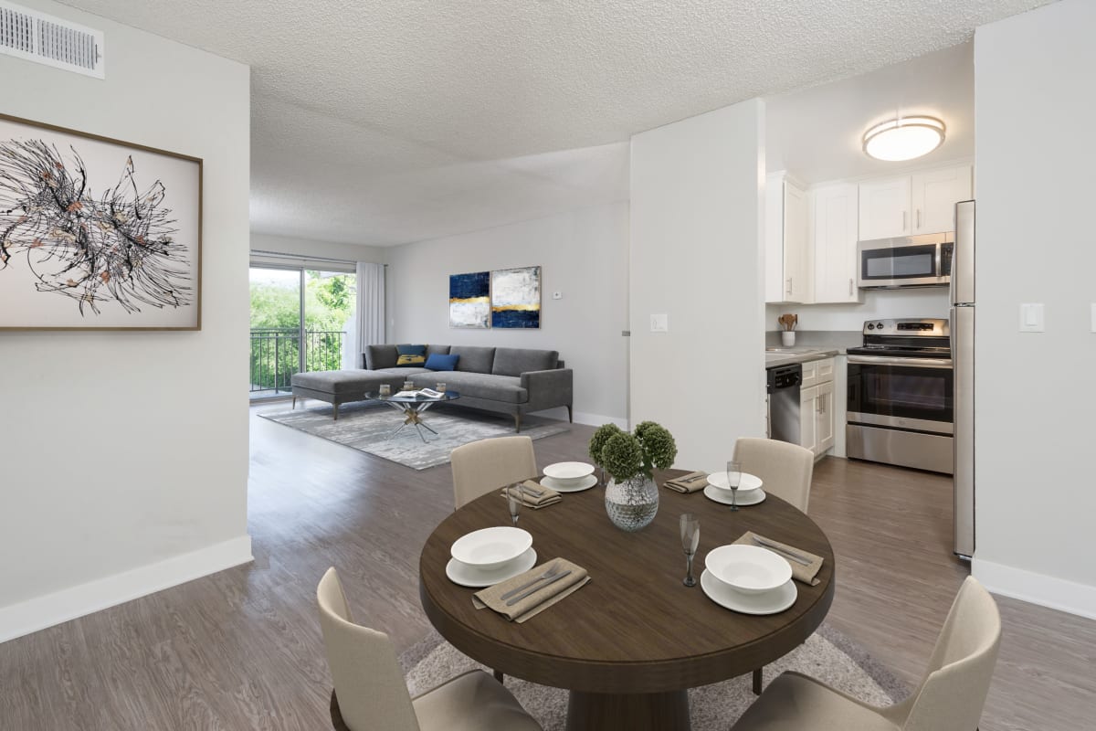 Dining area in apartment at Los Feliz Village in Los Angeles, California