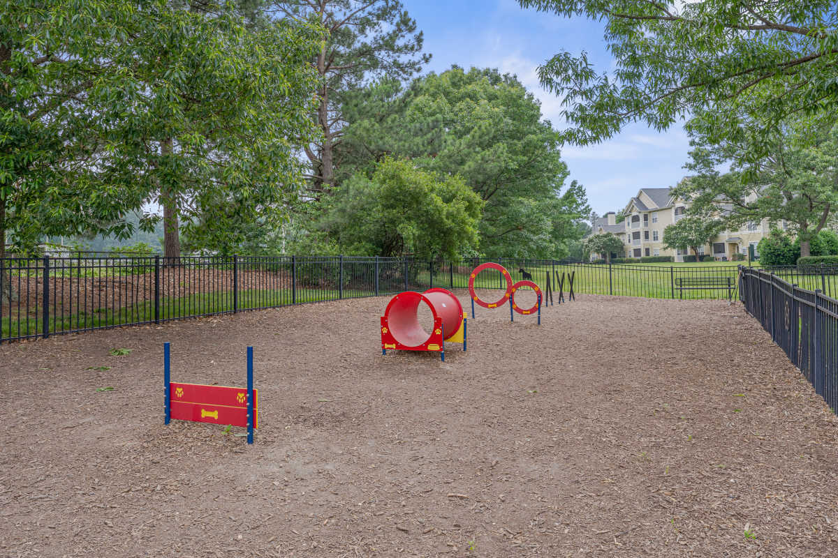 Community dog park with playing equipment at Kildaire Reserve Apartments in Cary, North Carolina