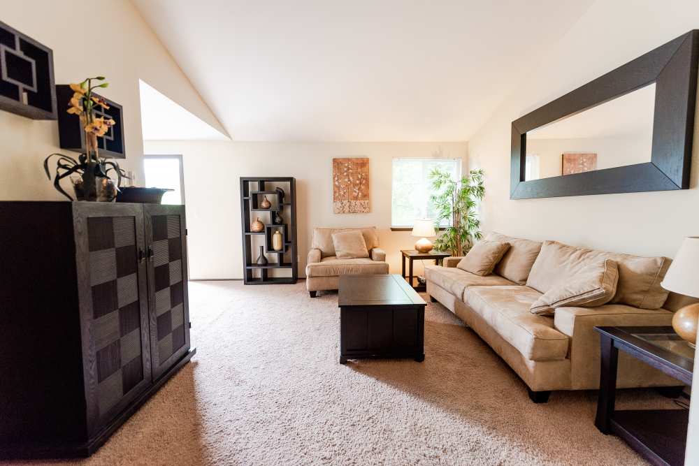 Spacious living room with plush carpeting at Briarstone in Tacoma, Washington