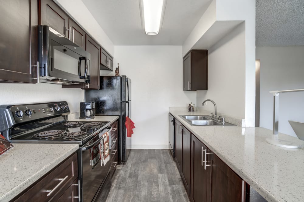 Renovated kitchen at Parkside Commons Apartments in San Leandro, California