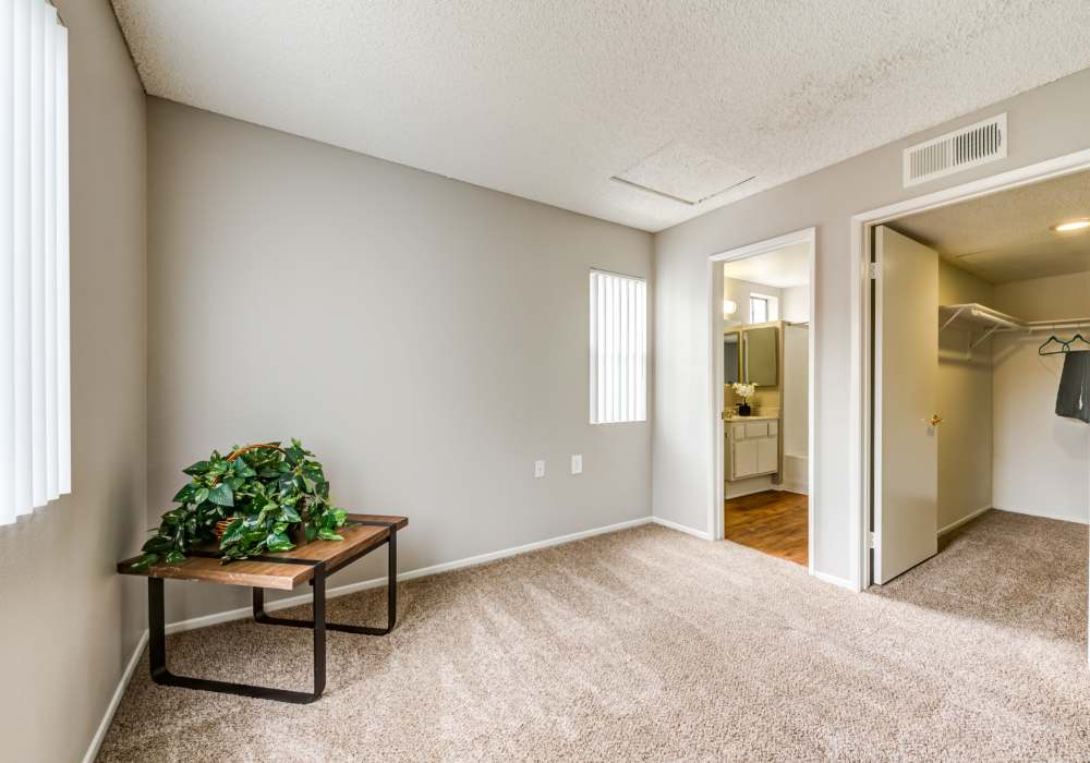 Bedroom with walk-in closet at The Villas at Rowland Heights in Rowland Heights, California