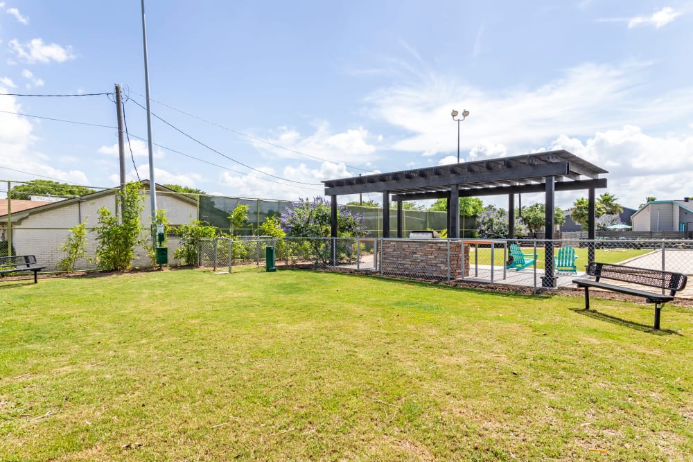 Onsite dog park and grilling station at EnVue Apartments in Bryan, Texas