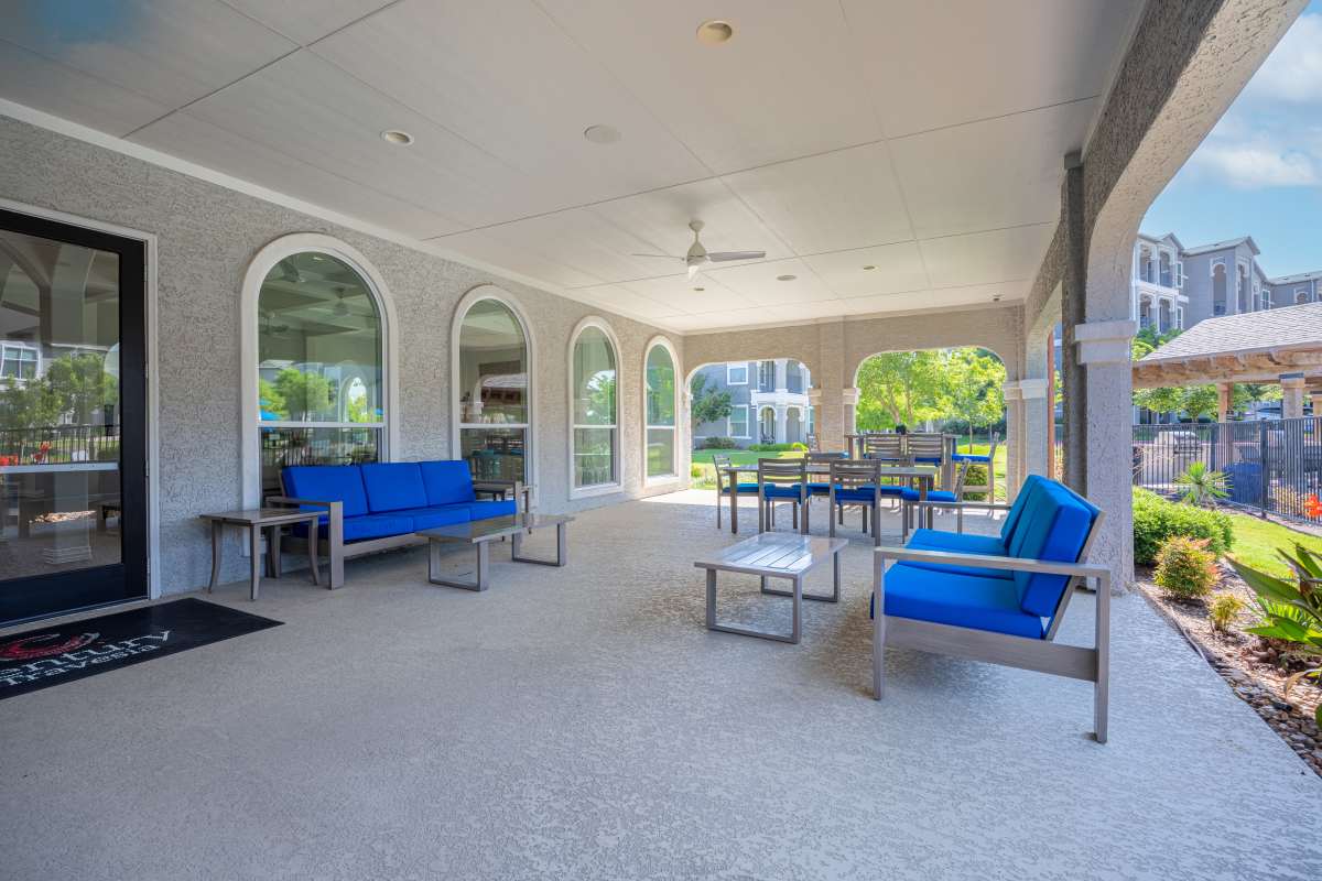 Outdoor community seating area at Century Travesia in Austin, Texas