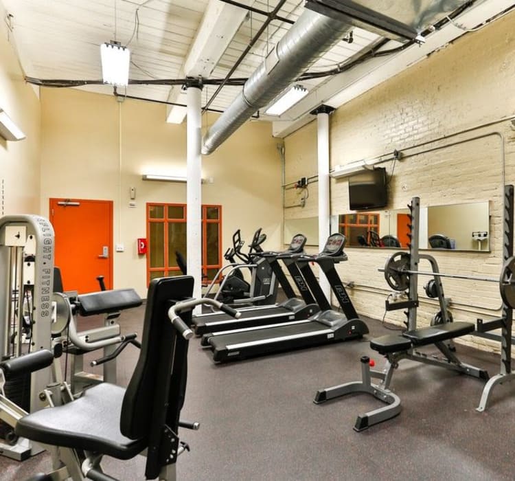 Modern fitness center at Highland Mill Lofts in Charlotte, North Carolina