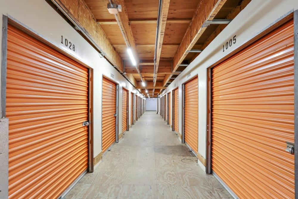 A row of indoor storage units at A-1 Self Storage in Oceanside, California