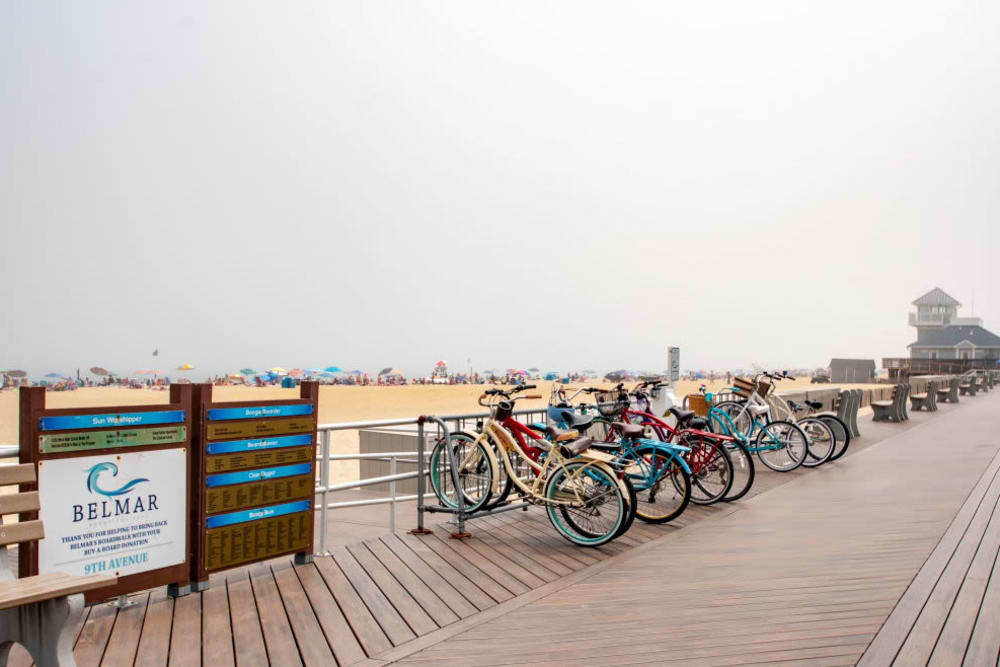 Boardwalk with bicycles near Ocean Harbor Apartments in Belmar, New Jersey