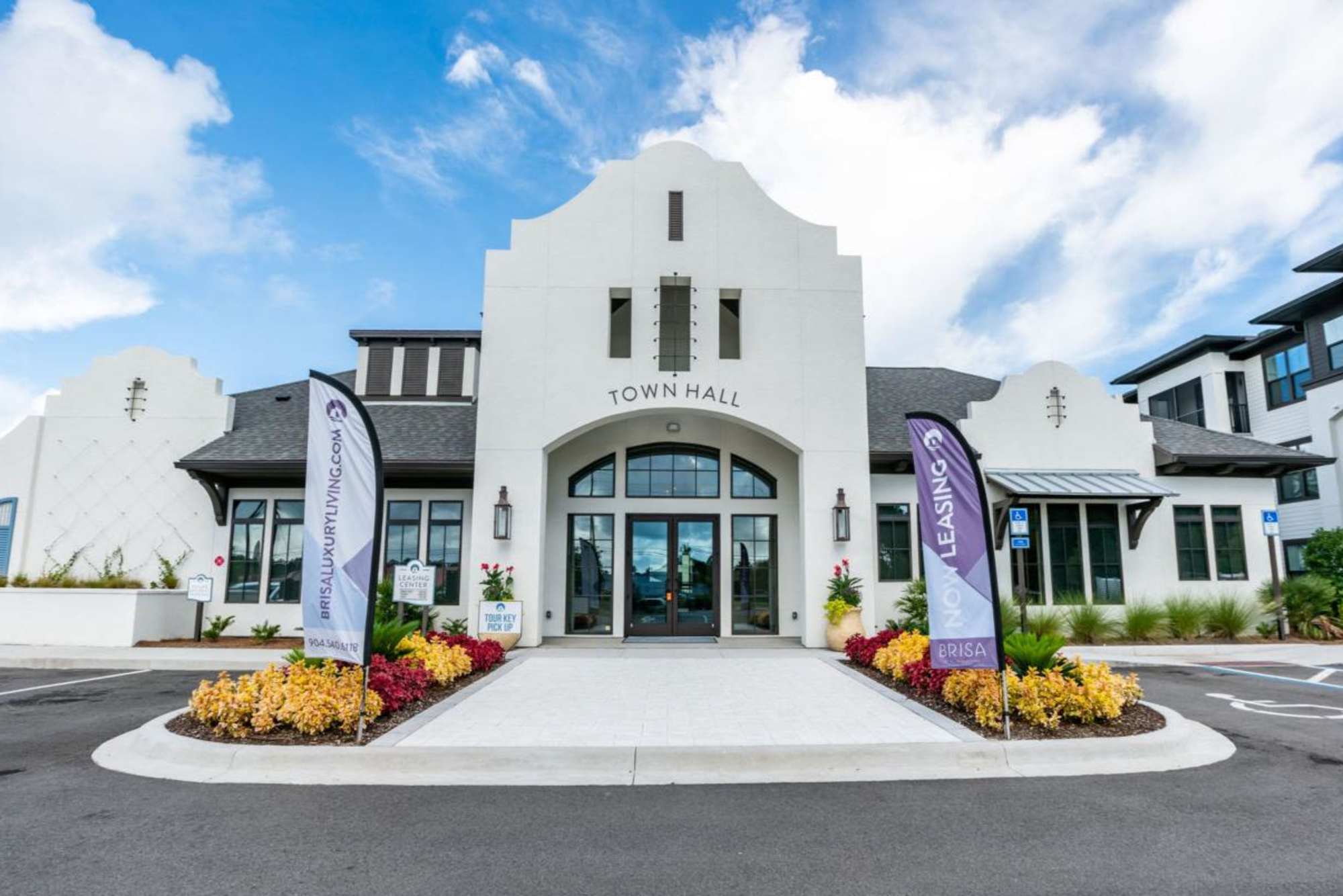 Apartment clubhouse exterior view with entrance at Brisa at St. Augustine in St. Augustine, Florida