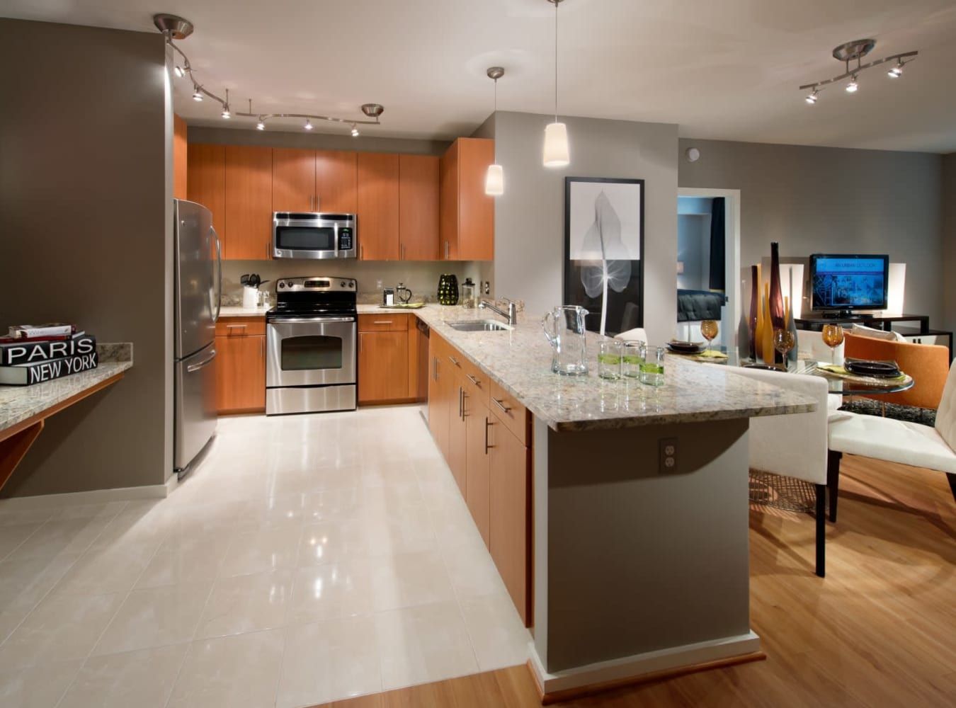 Kitchen and dining area at Solaire 1150 Ripley in Silver Spring, Maryland