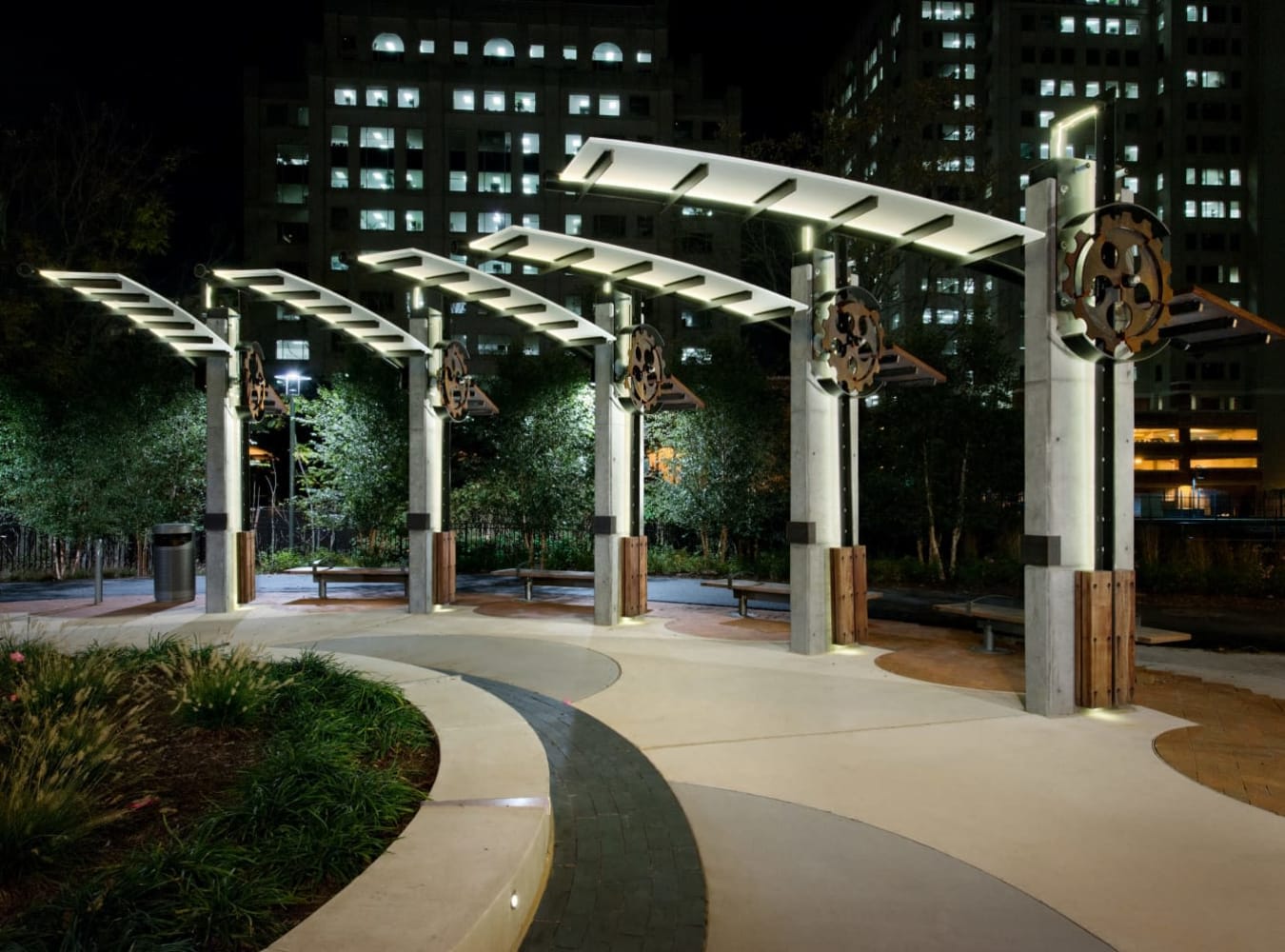 Night view of grounds at Solaire 1150 Ripley in Silver Spring, Maryland