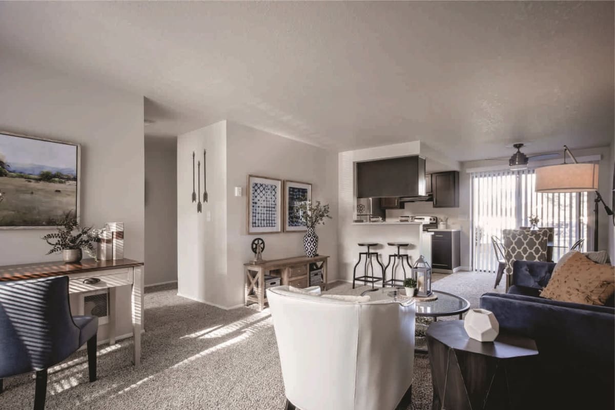 Apartment kitchen and living room at Boulder Creek in Wilsonville, Oregon
