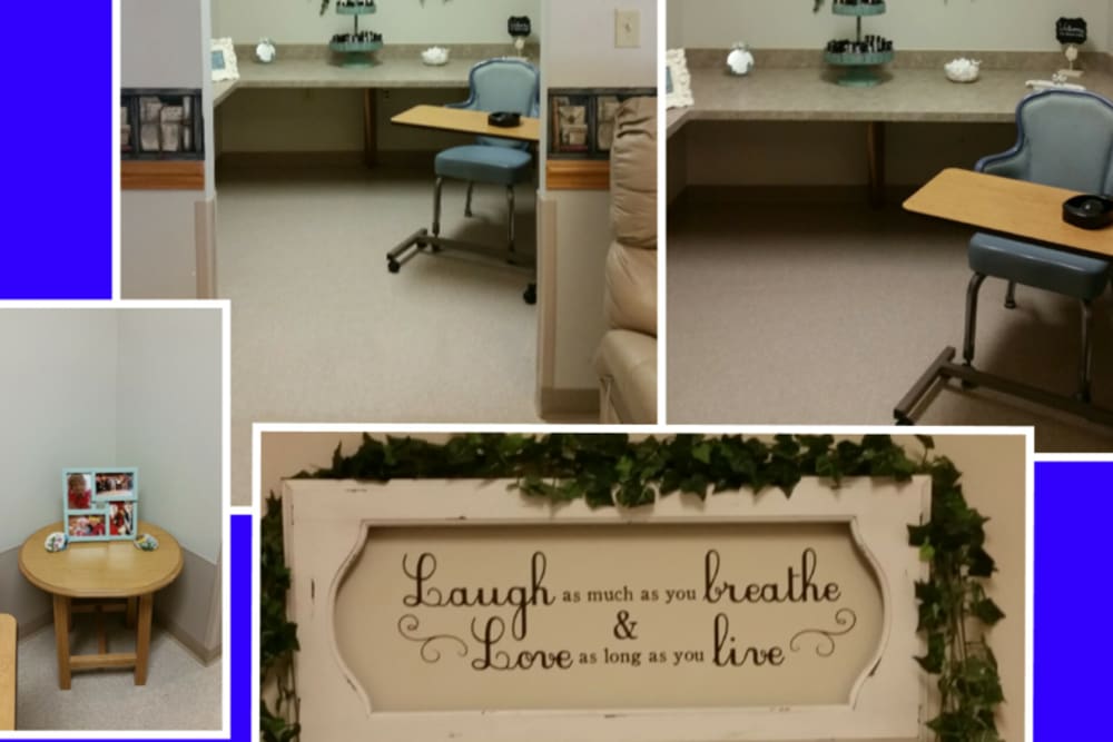 Collage of positive sign and workspace photos at Windsor House at Champion in Warren, Ohio