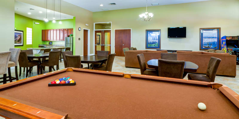 A pool table in the resident clubhouse at Orleck Heights in San Diego, California