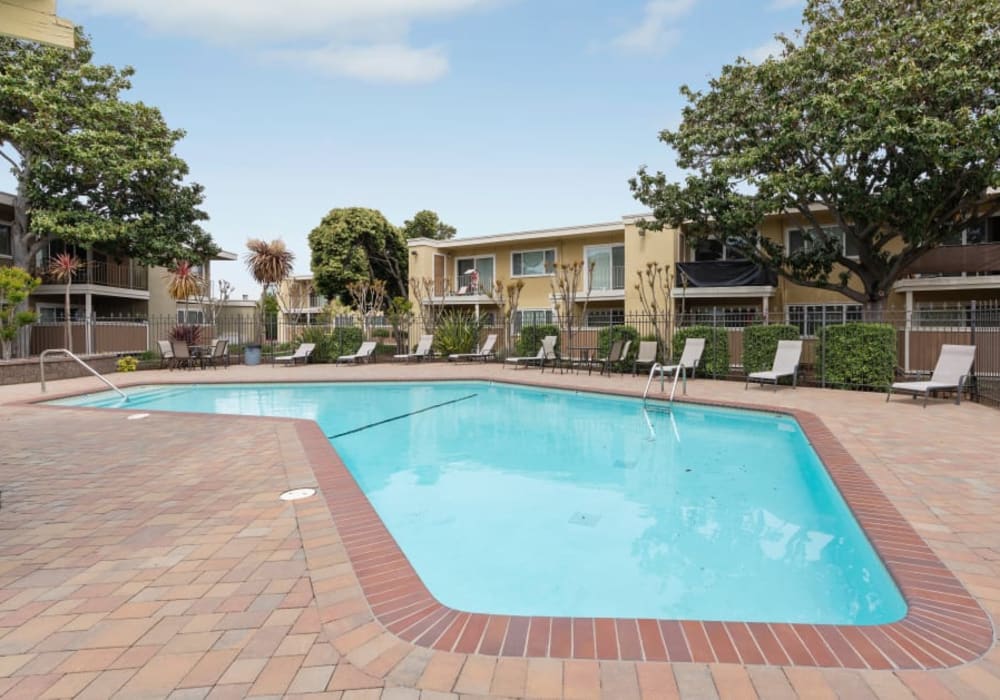 Resort-style swimming pool at Pentagon Apartments in Fremont, California