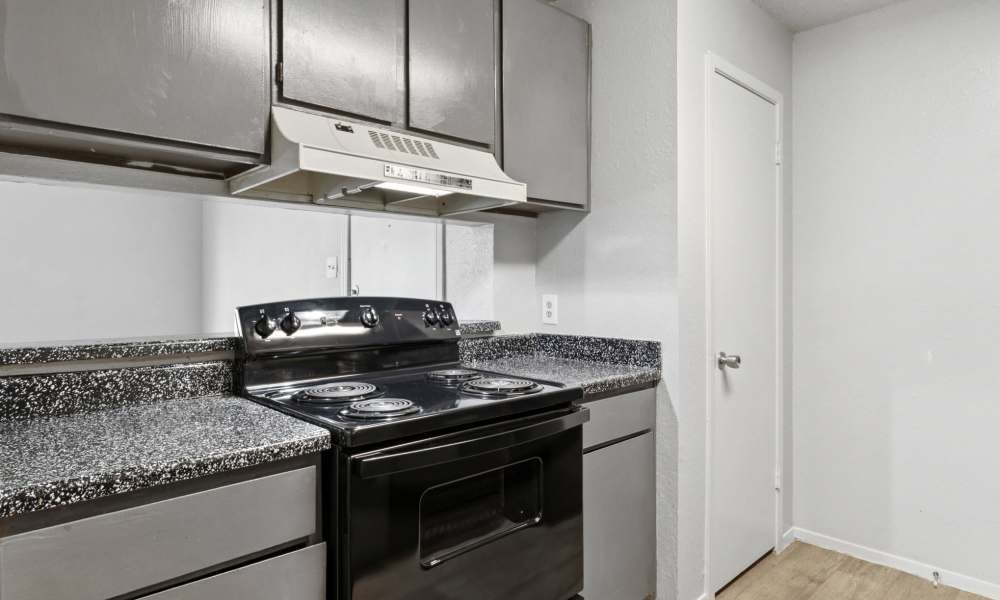 Black appliances and grey cabinets in the kitchen at Arbors of Taylor in Taylor, Texas