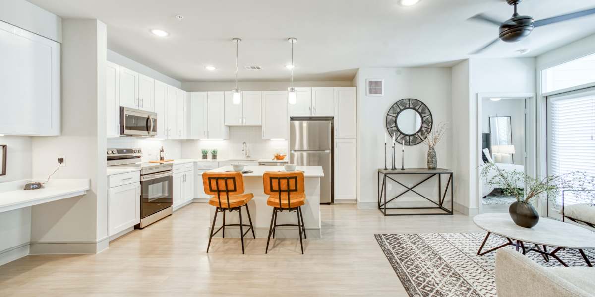 Kitchen with island at Dakota at Shepherd in Houston, Texas