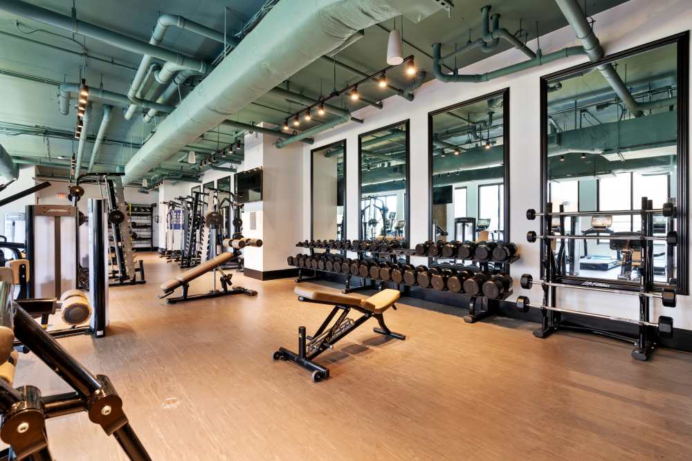 Well-equipped fitness center dumbbells and weight-lifting machines at Steelhaven Birmingham in Birmingham, Alabama