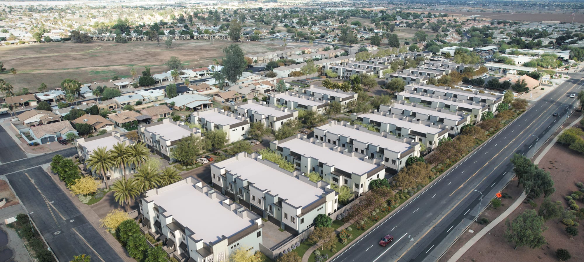 Rendering of an aerial view of townhomes at Canopy at the Trails in Phoenix, Arizona 