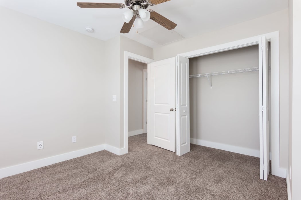 Bedroom with plush carpet at The Hills at Oakwood Apartment Homes in Chattanooga, Tennessee