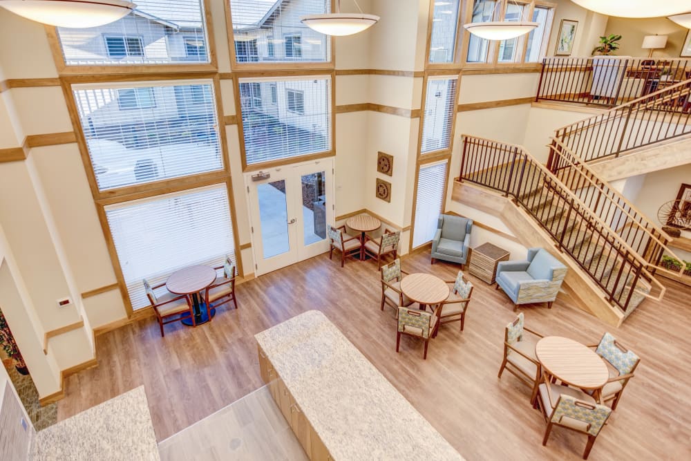 Aerial view of the lobby at Juniper Springs Senior Living in Redmond, Oregon. 