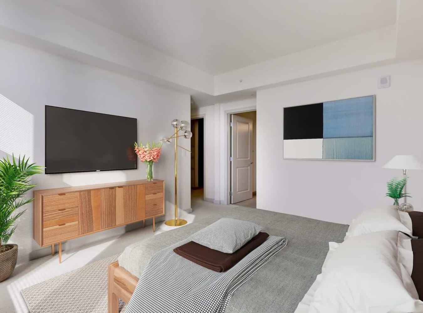 Serene bedroom at Solaire 7077 Woodmont in Bethesda, Maryland