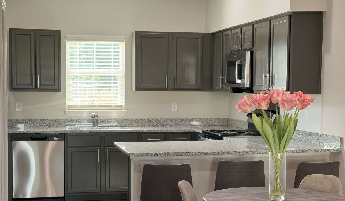 Modern kitchen with stainless-steel appliances and wood cabinet at Las Colinas in Foley, Alabama
