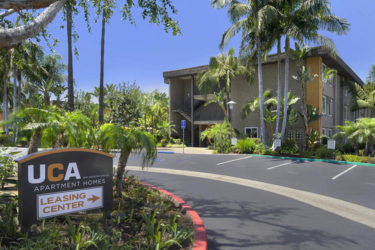 Front sign at UCA Apartment Homes in Fullerton, California