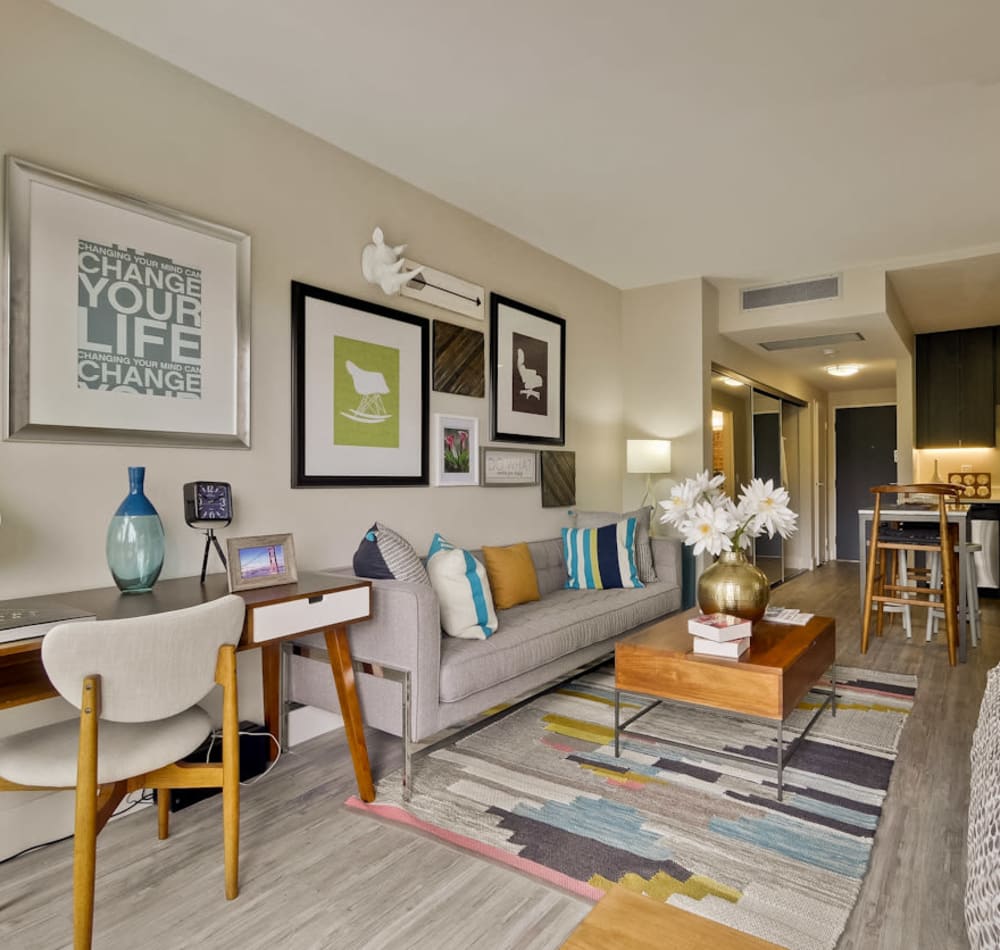 Modern furnishings in a model studio home at Mia in Palo Alto, California