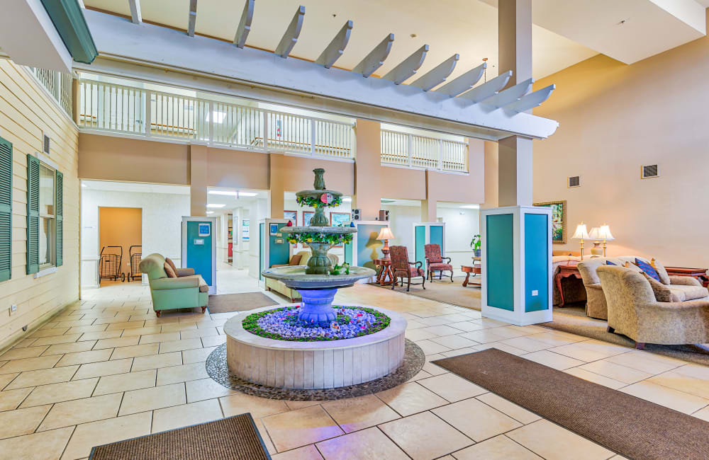 Fountain in lobby at Library Lane Senior Residence in Grayslake, Illinois