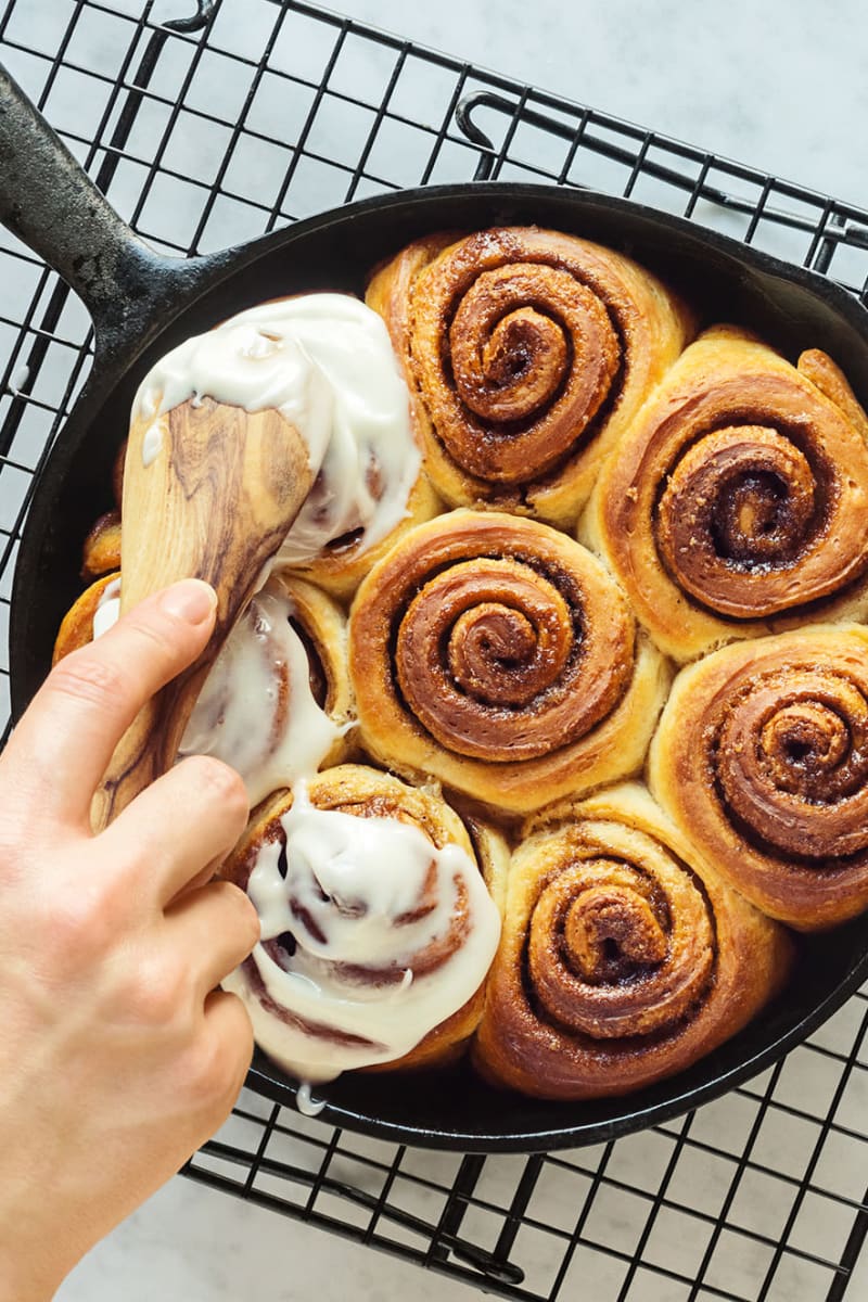 Cinnamon rolls on the frying pan at One Park in West Hartford, Connecticut