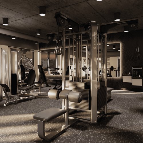 Fitness center with carpet flooring at Landmark at Dublin in Dublin, Pennsylvania