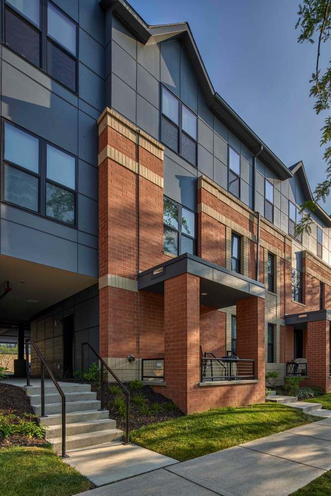 View of exterior of apartments at Belknap Place Apartments in Grand Rapids, Michigan