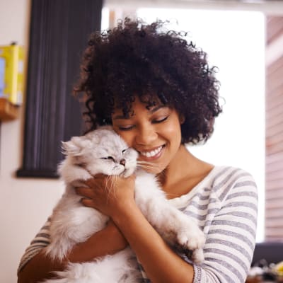 A resident holding a cat in a home at Bayview Hills in San Diego, California