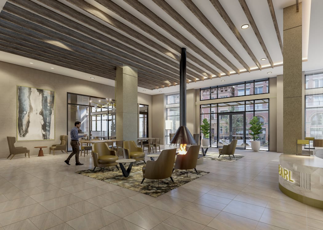 Lobby rendering with large windows at Portland, Oregon