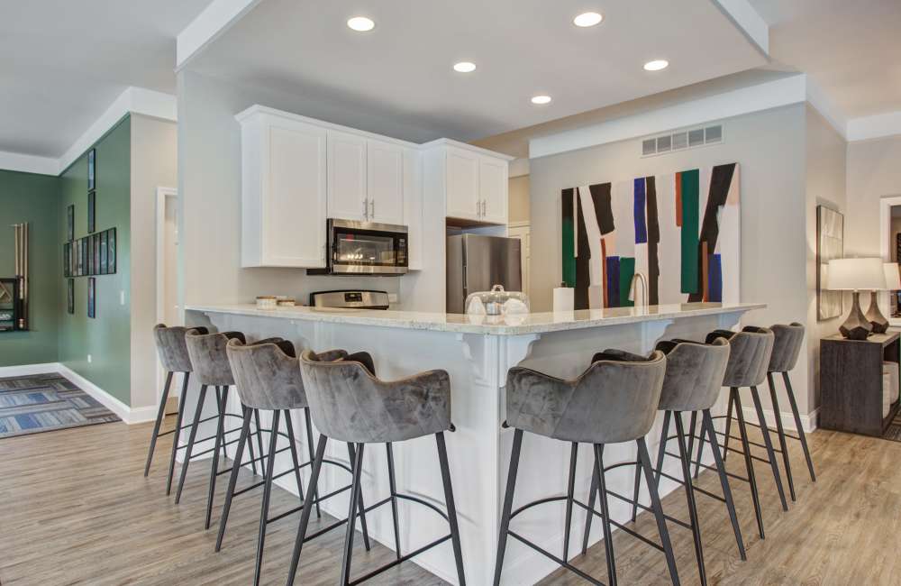 Gourmet kitchen with lots of counter seating in the resident clubhouse at Blackhawk Apartment Homes in Elgin, Illinois
