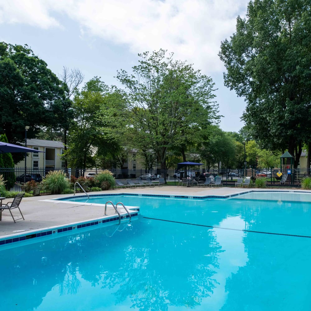 Swimming pool surrounded by lounge chairs at Monarch Crossing Apartment Homes in Newport News, Virginia